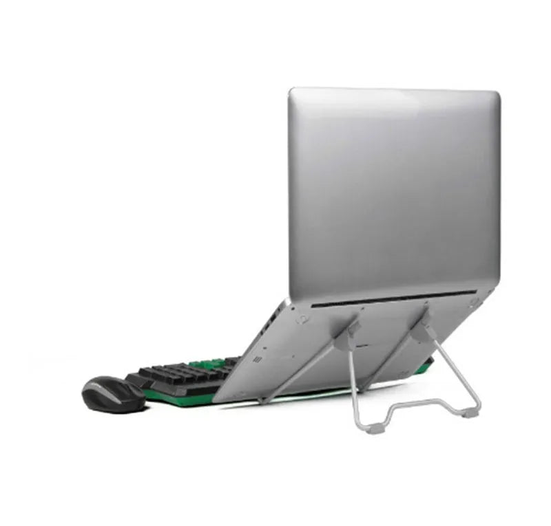 Grey aluminium alloy and plastic mobile phone stand laptop stand on a desk