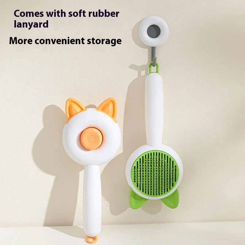 Self-cleaning cat grooming brush with stainless steel teeth in greenish white or orange white colour