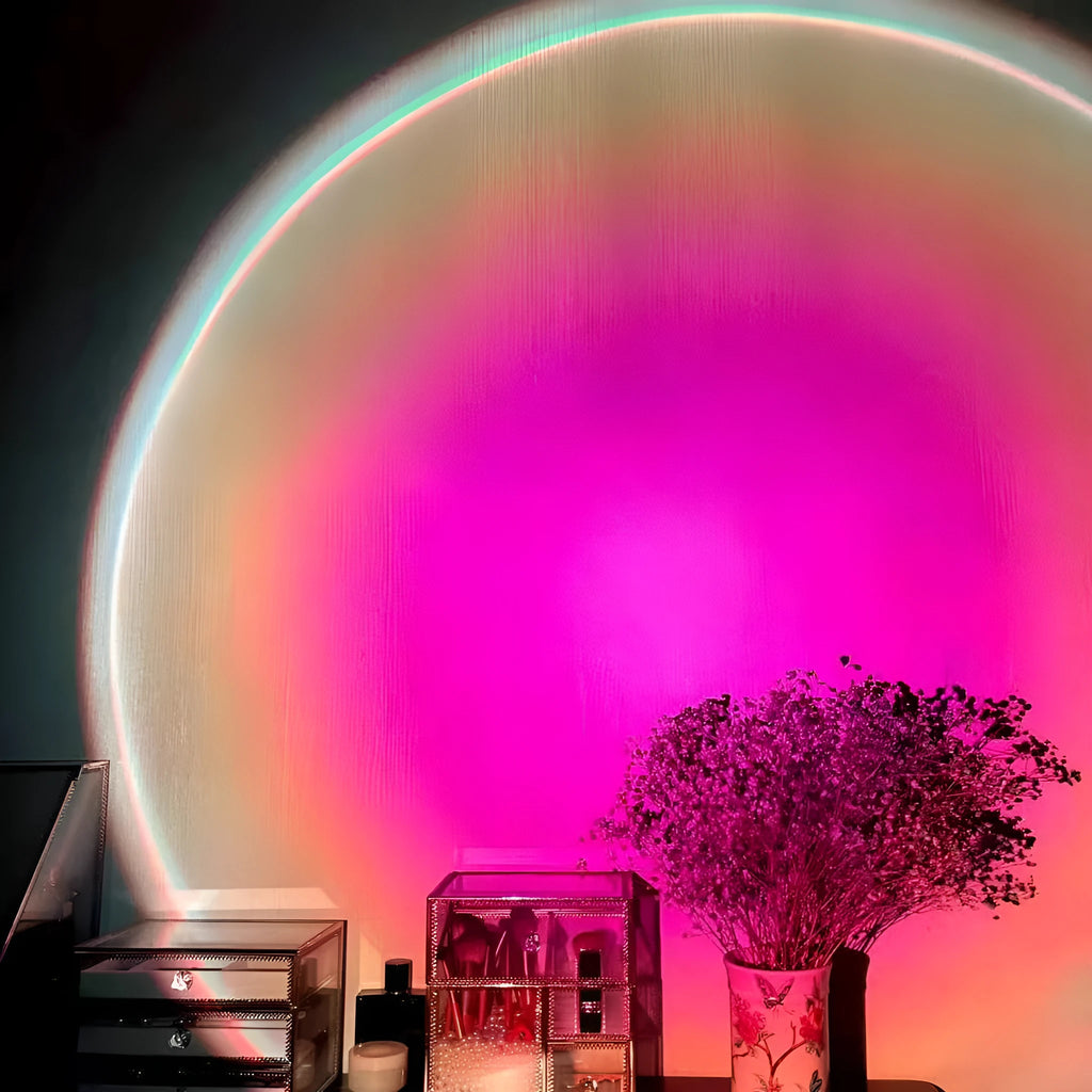 Rechargeable sunset projection lamp showing rainbow and red light patterns