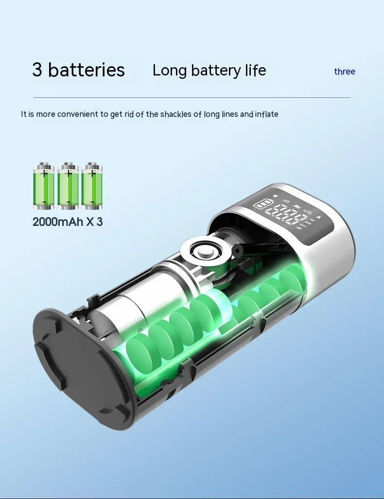 Black portable wireless air pump with 15cm tube, LED light, and multiple inflation nozzles