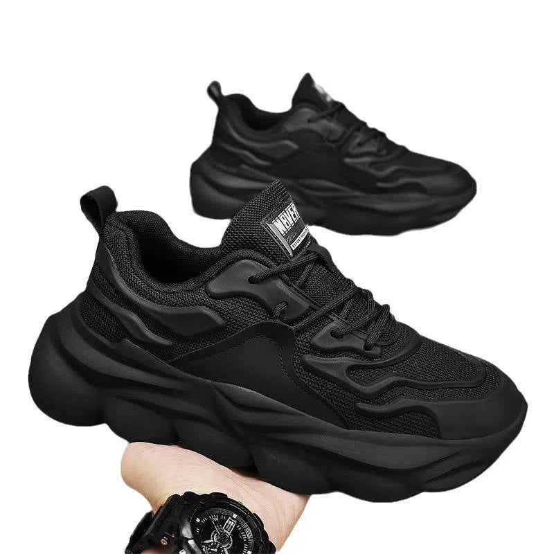Men's black or white mesh sneakers with thick sole and synthetic PU upper, sizes 39-44