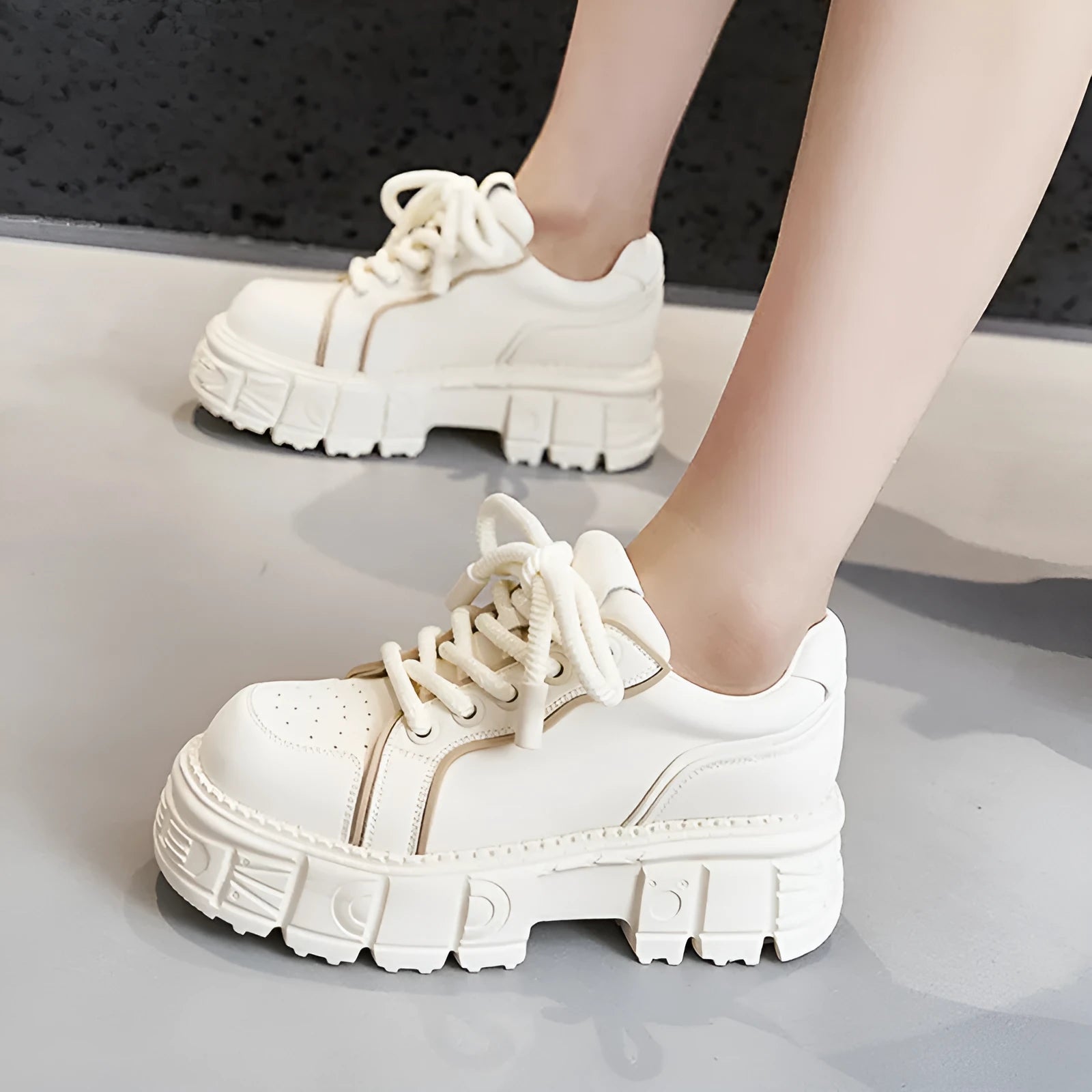 Women's beige and pink leather casual shoes with spring muffin bottom sole for height increase