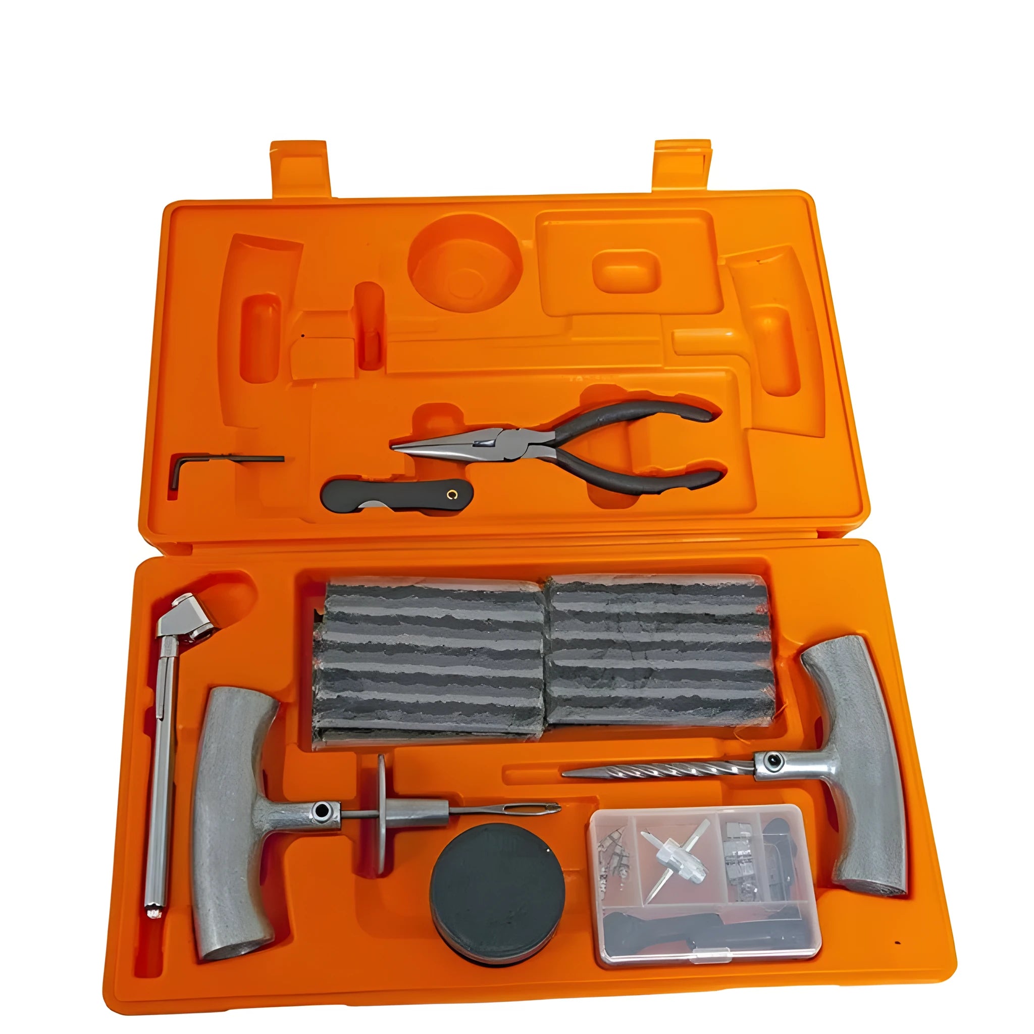 Emergency tyre repair tool set in compact case with tyre pressure gauge and spring steel insertion tools