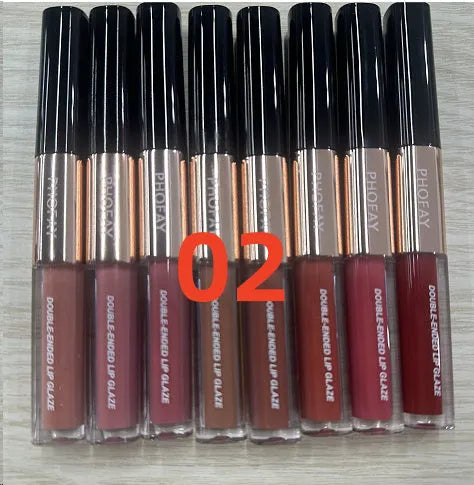 C-L021 double-head non-stick cup lip gloss showing two applicator tips and eight colour shade options