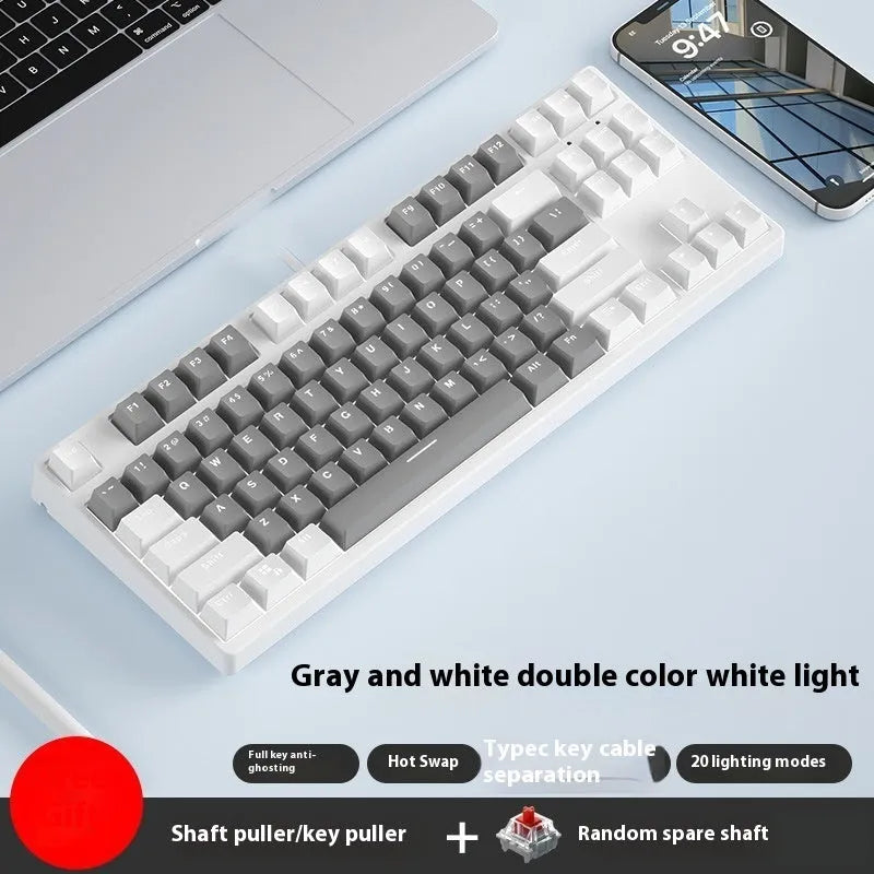 87 key wired mechanical keyboard with hot-swappable switches showing dual-colour keycap theme on metal body
