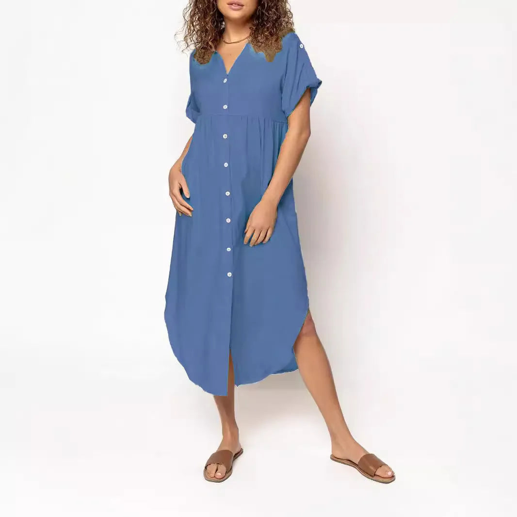 Women's loose mid-length casual dress with button front in solid colour options