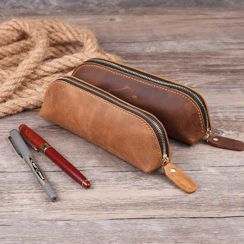 Handmade cowhide leather pencil case with zipper closure in square design