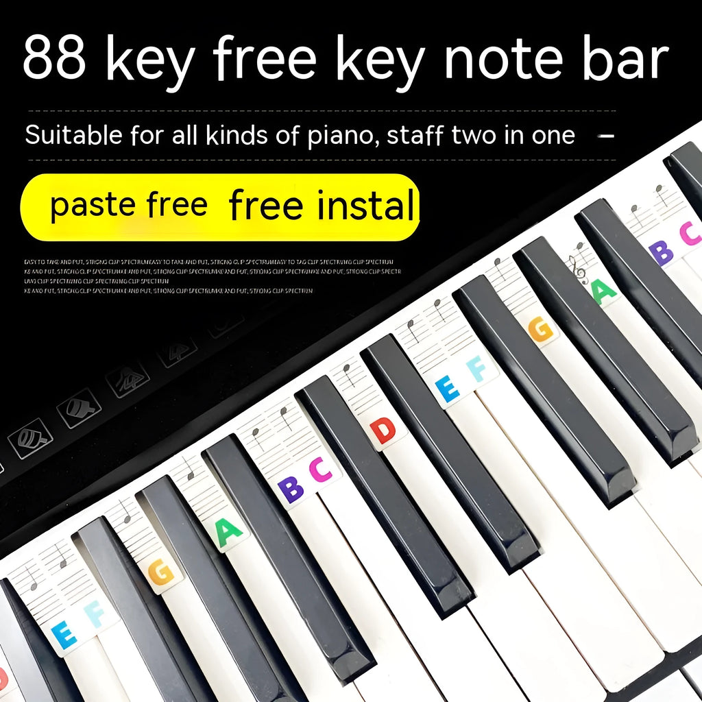 Piano keyboard note stickers on white cardboard for 88 keys, showing separate packs for black notes and colour note bars.