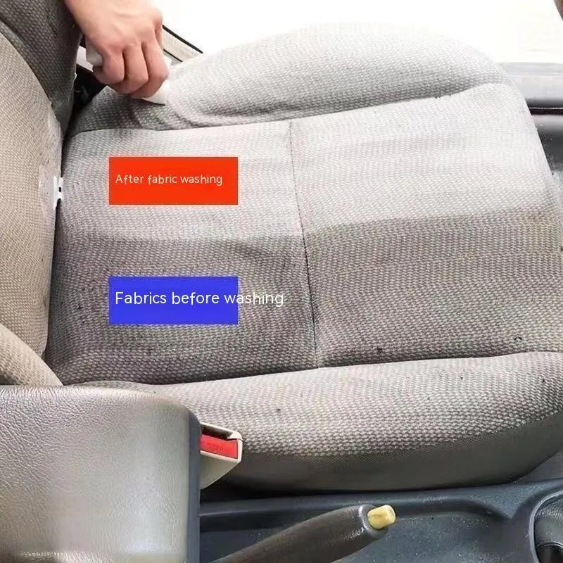 Wash-free fabric roof foam cleaner bottle with microfibre towel and sponge wipes for car interior cleaning.
