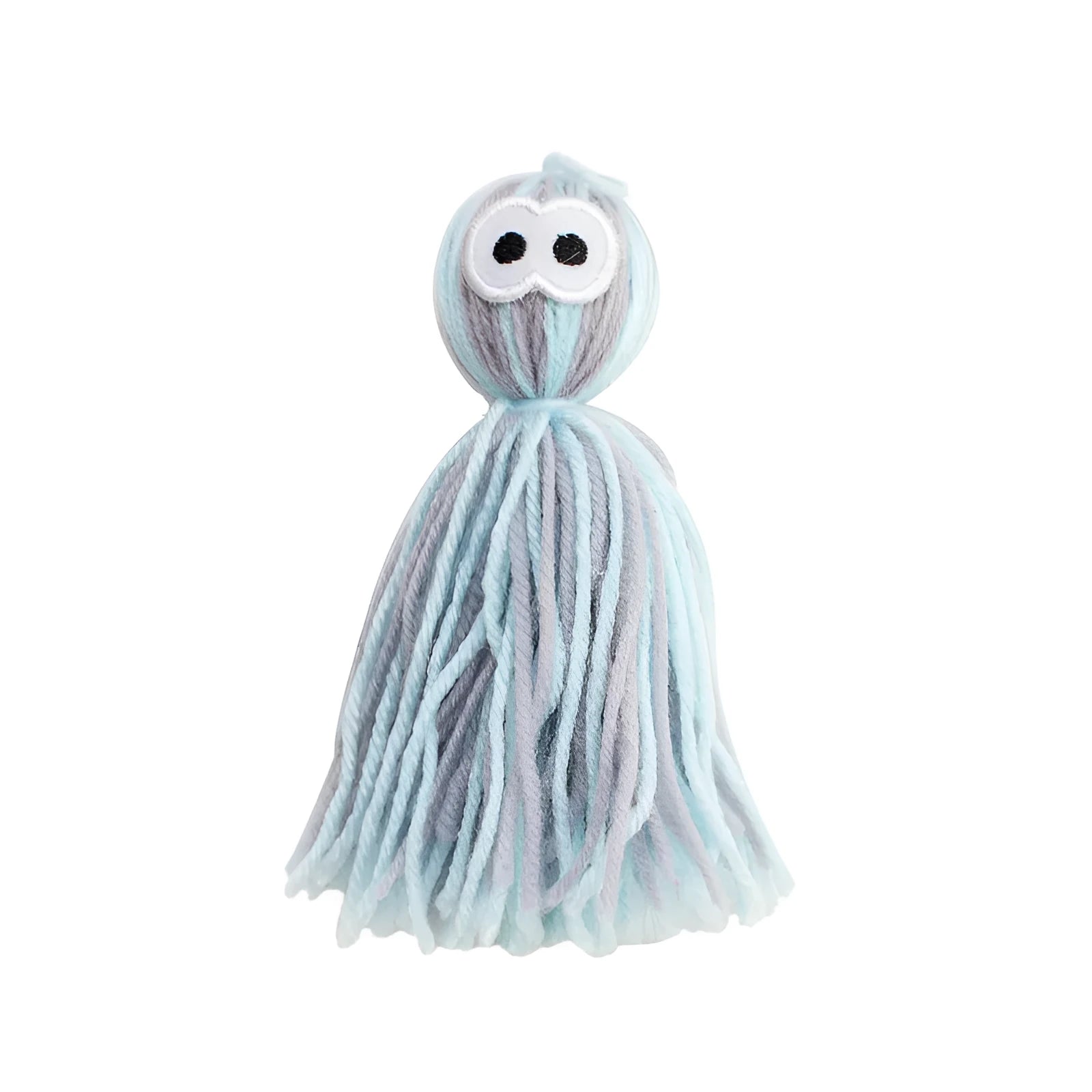 Set of four hanging wool ball cat toys with plastic teaser sticks in blue grey, pink and blue, and pink purple colours