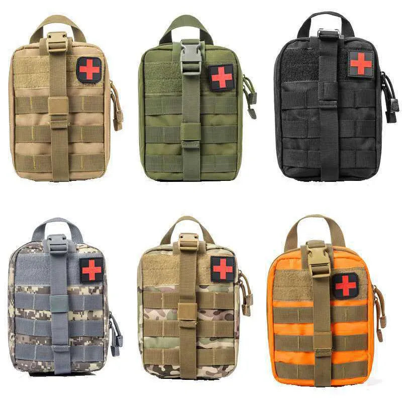Taupe camouflage tactical first aid kit bag 20x13x11cm with emergency bandages, tourniquet, splint, mask, and tablets