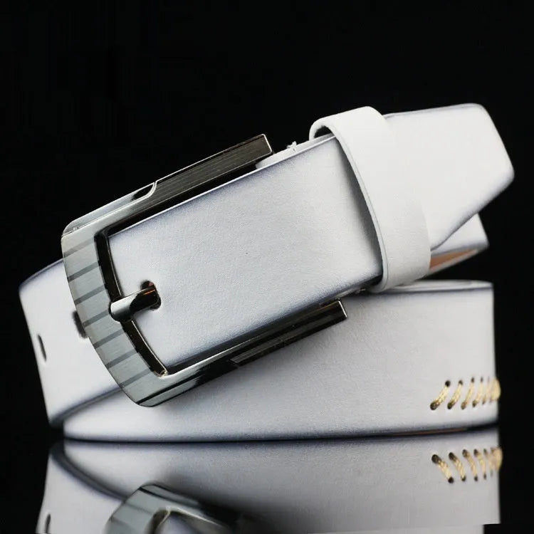 Men's retro style belt with pin buckle in black, brown, or white colours