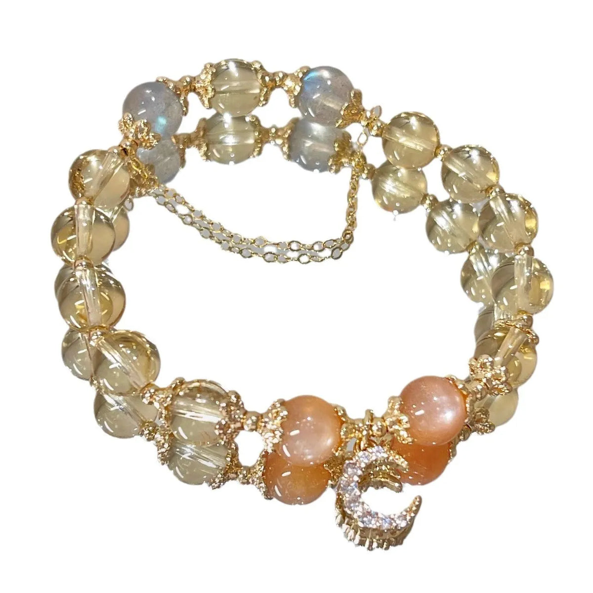 Chinese style women's crystal bracelet with moonstone golden sun stone design and gold electroplating