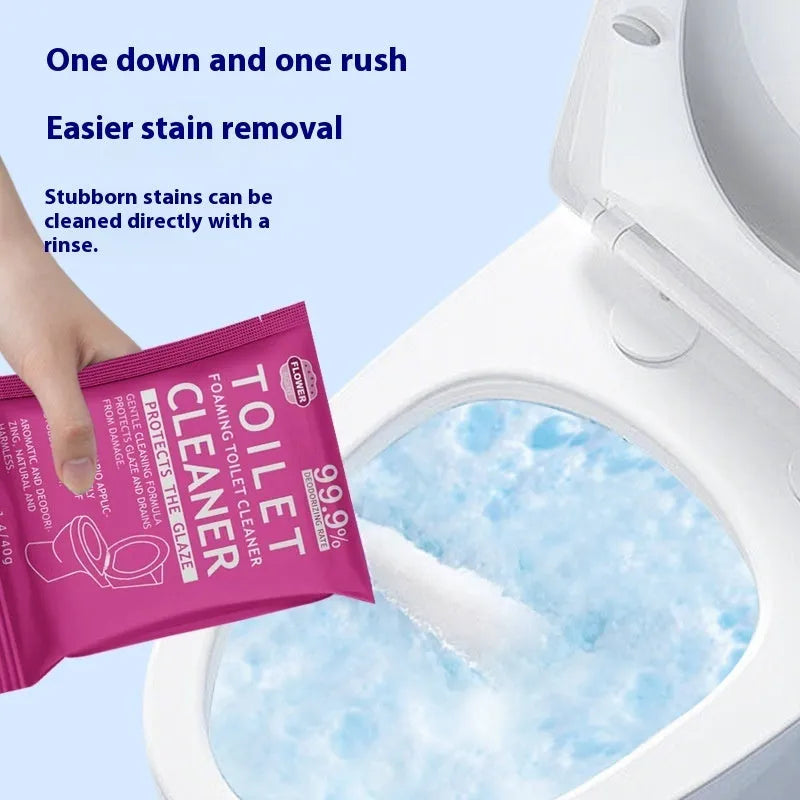 Toilet effervescent cleaning powder in blue ocean or pink floral fragrance, packaged in a large bag or box of sachets