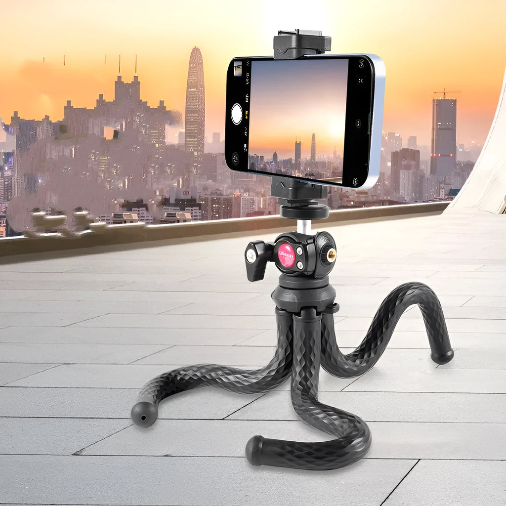 Black octopus leg mobile phone tripod set with phone clip, model FT-01, extended to 360mm
