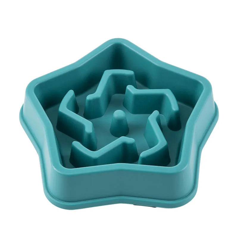Yellow plastic dog slow feeding bowl with textured bottom for choking prevention