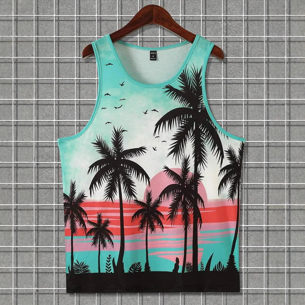Men's 3D printed Hawaiian style sleeveless vest T-shirt in solid colour