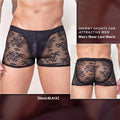 A pair of men's black lace boxer shorts made from nylon fabric.