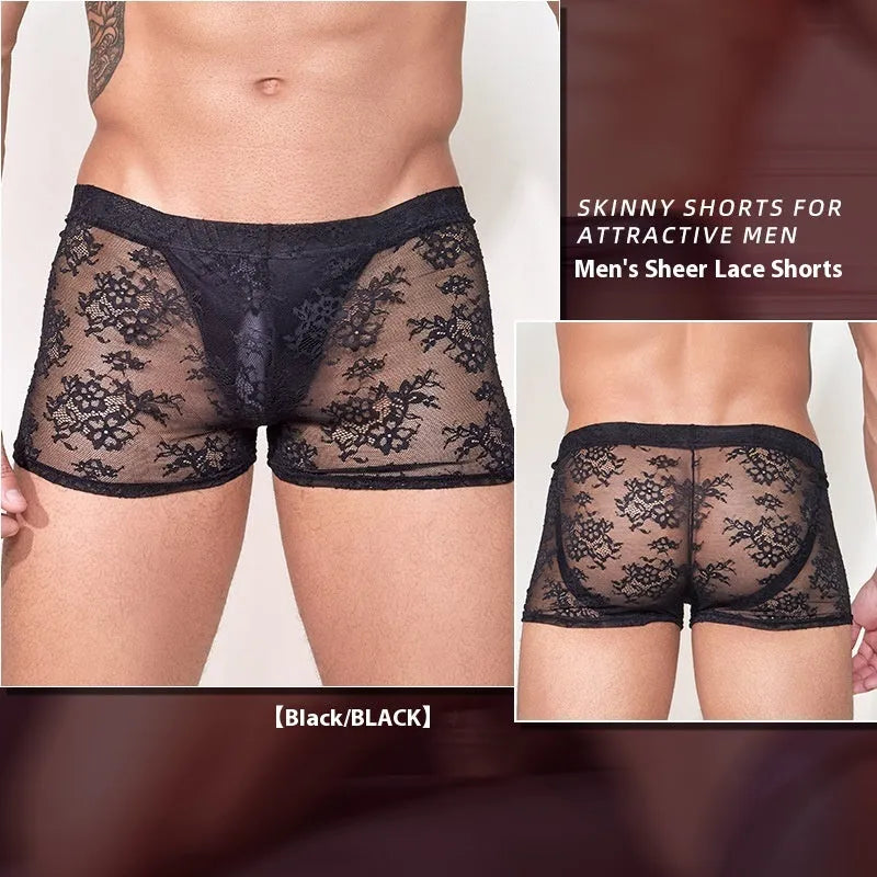 A pair of men's black lace boxer shorts made from nylon fabric.