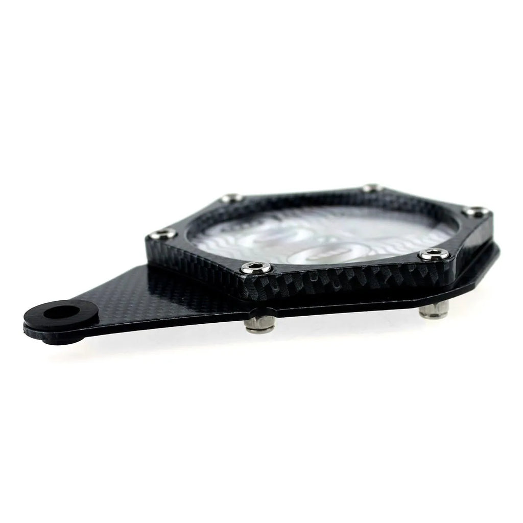 Black carbon fibre pattern motorcycle tax disc holder with metal alloy construction