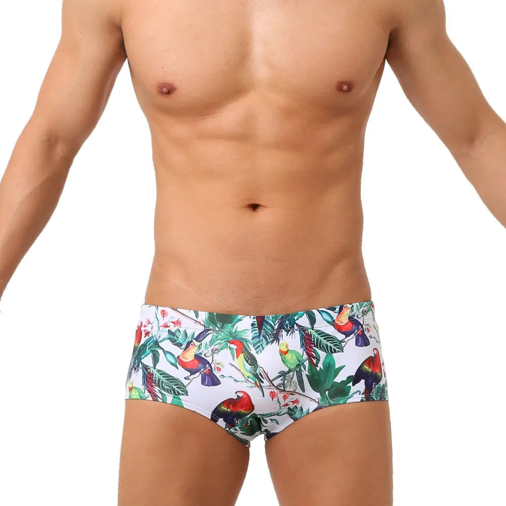 Men's floral bird print swimming trunks in nylon boxer brief style on size chart