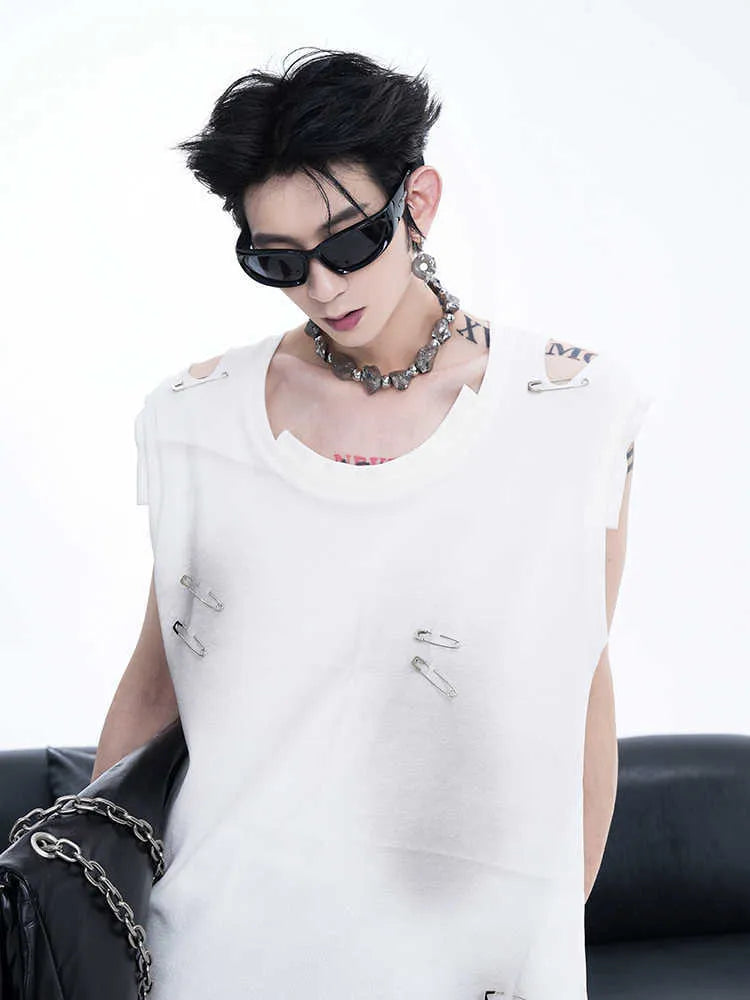 Men's black sleeveless vest waistcoat with irregular ripped cutting detail and round neck collar