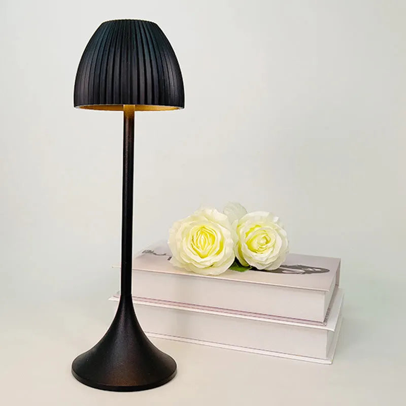 Modern dimmable night lamp with thin round base in black or white, featuring USB charging