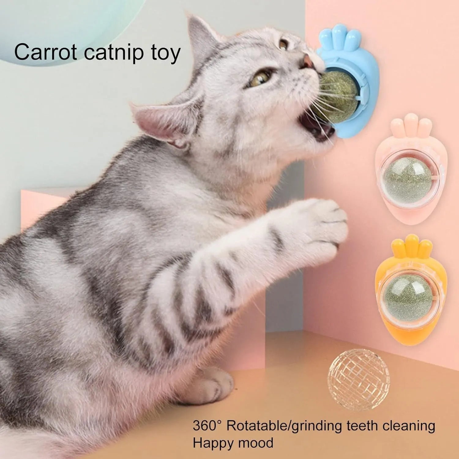 Blue carrot-shaped catnip ball with self-adhesive backing for wall mounting to clean cat teeth