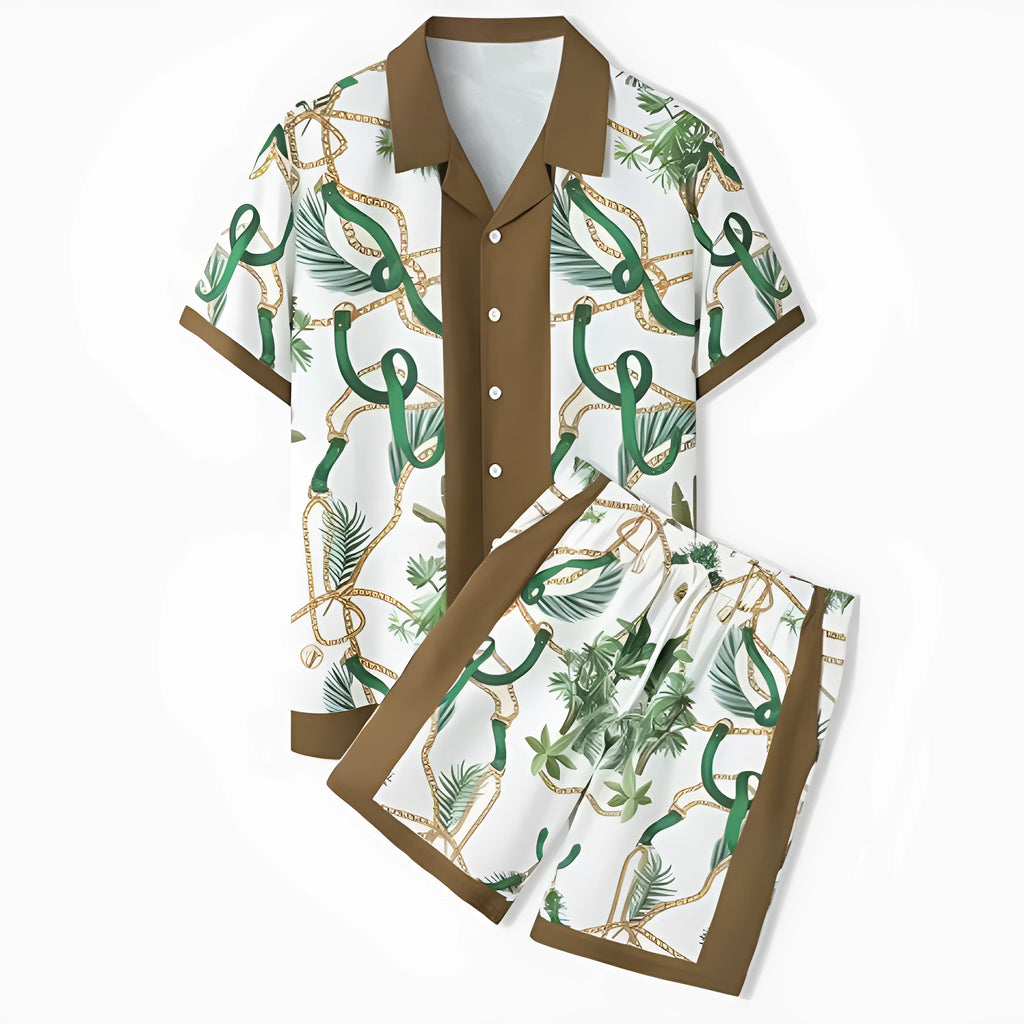 Plaid printed beach outfit for men, consisting of a short sleeve shirt and matching shorts.
