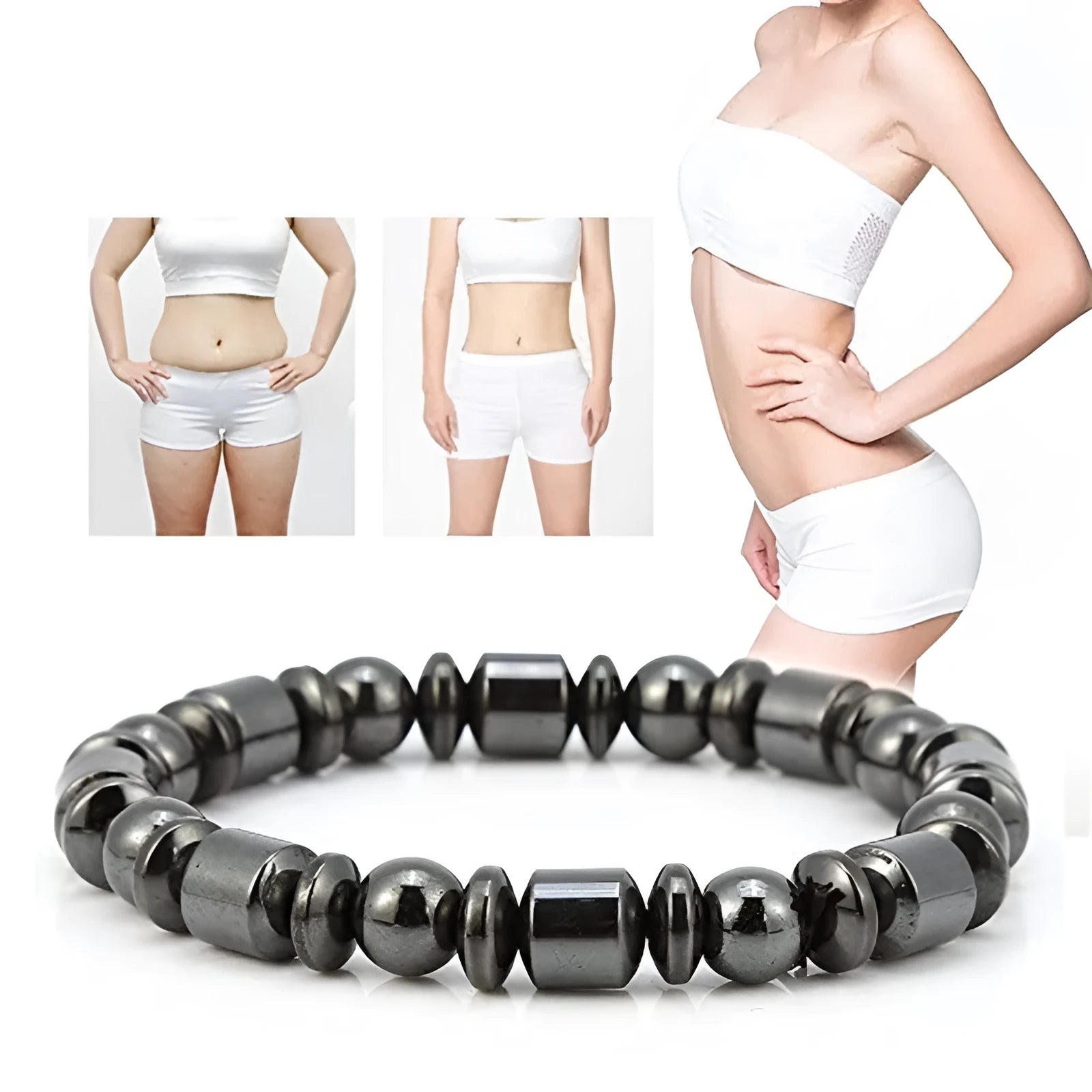 Black pentagram design magnetic therapy bracelet with magnetite and hematite stones on a stretch band.