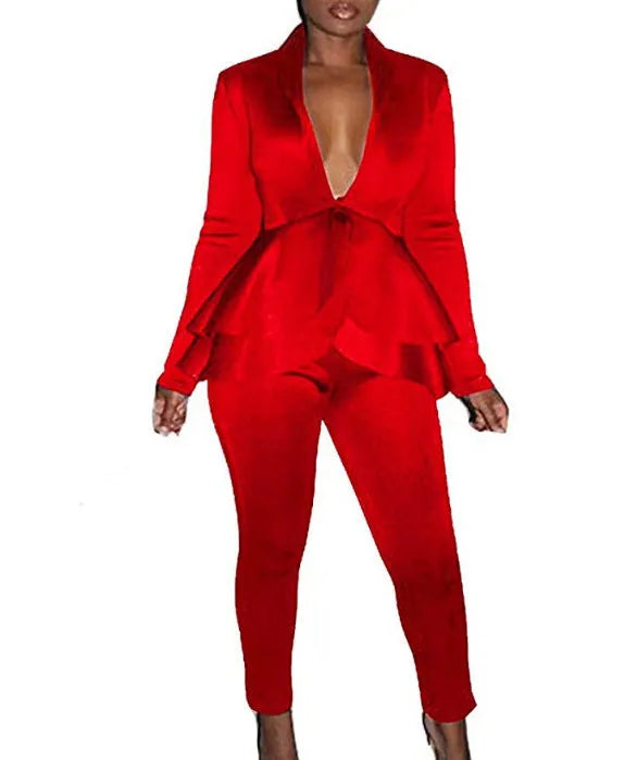 Ruffled air layer business uniform set showing shirt and pencil pants in a selected colour.