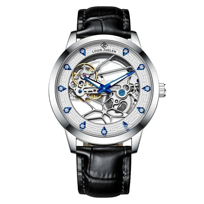 Men's silver mechanical watch with white dial, blue hands, black leather strap, and stainless steel buckle