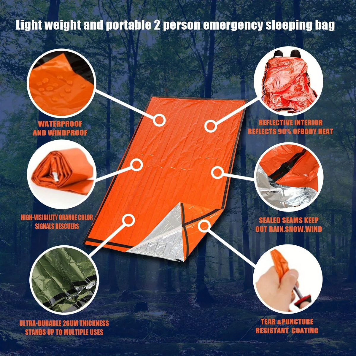 Portable emergency sleeping bag, blanket, and tent in green or orange, thermal and waterproof for camping and survival