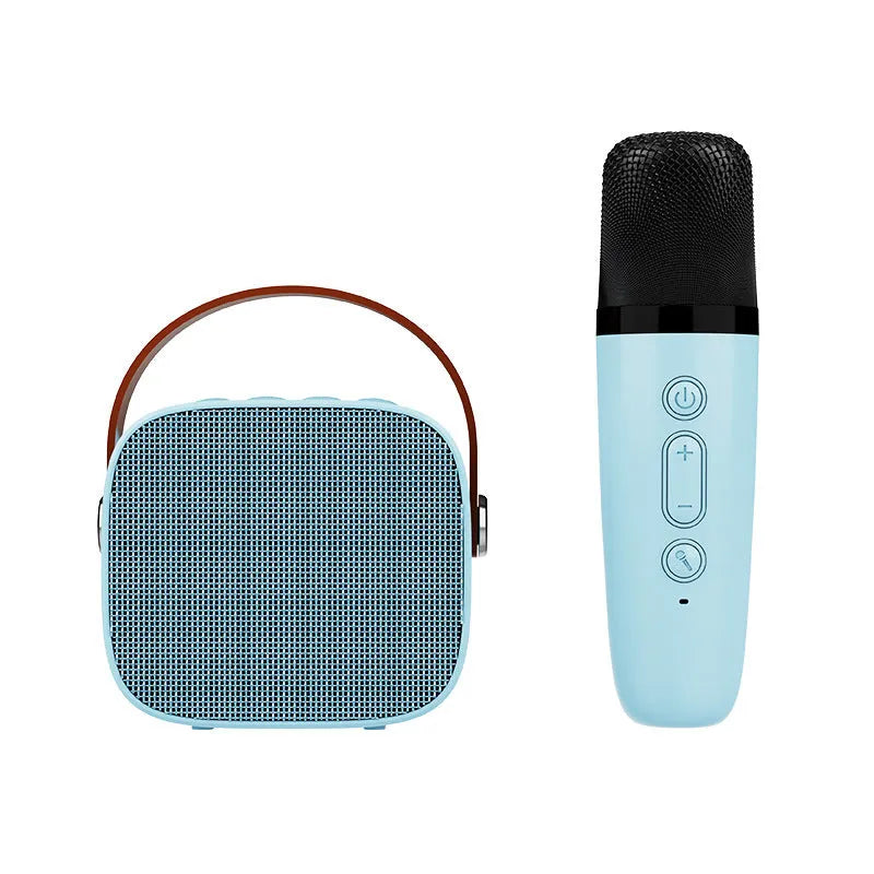 Small white portable Bluetooth speaker with built-in microphone on a table.