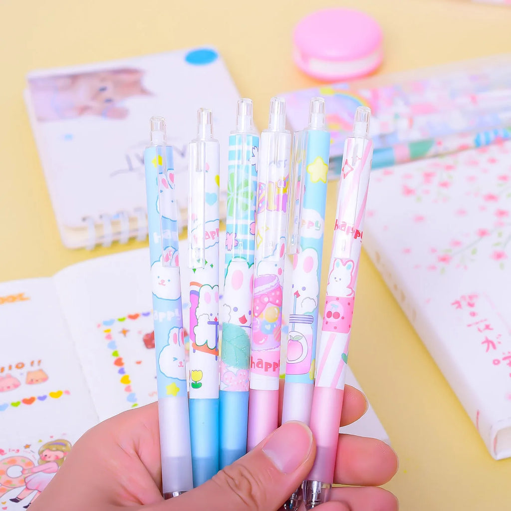 Cartoon bunny design writing pens pack of six with 0.5mm tips