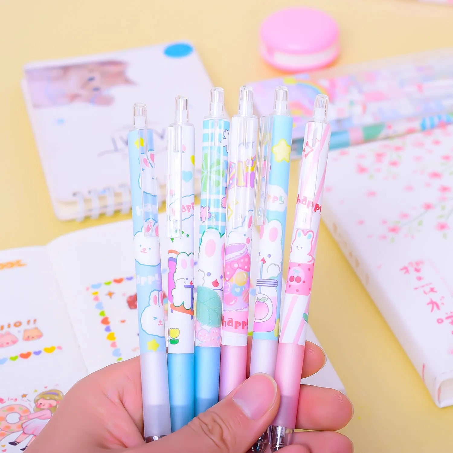 Cartoon bunny design writing pens pack of six with 0.5mm tips