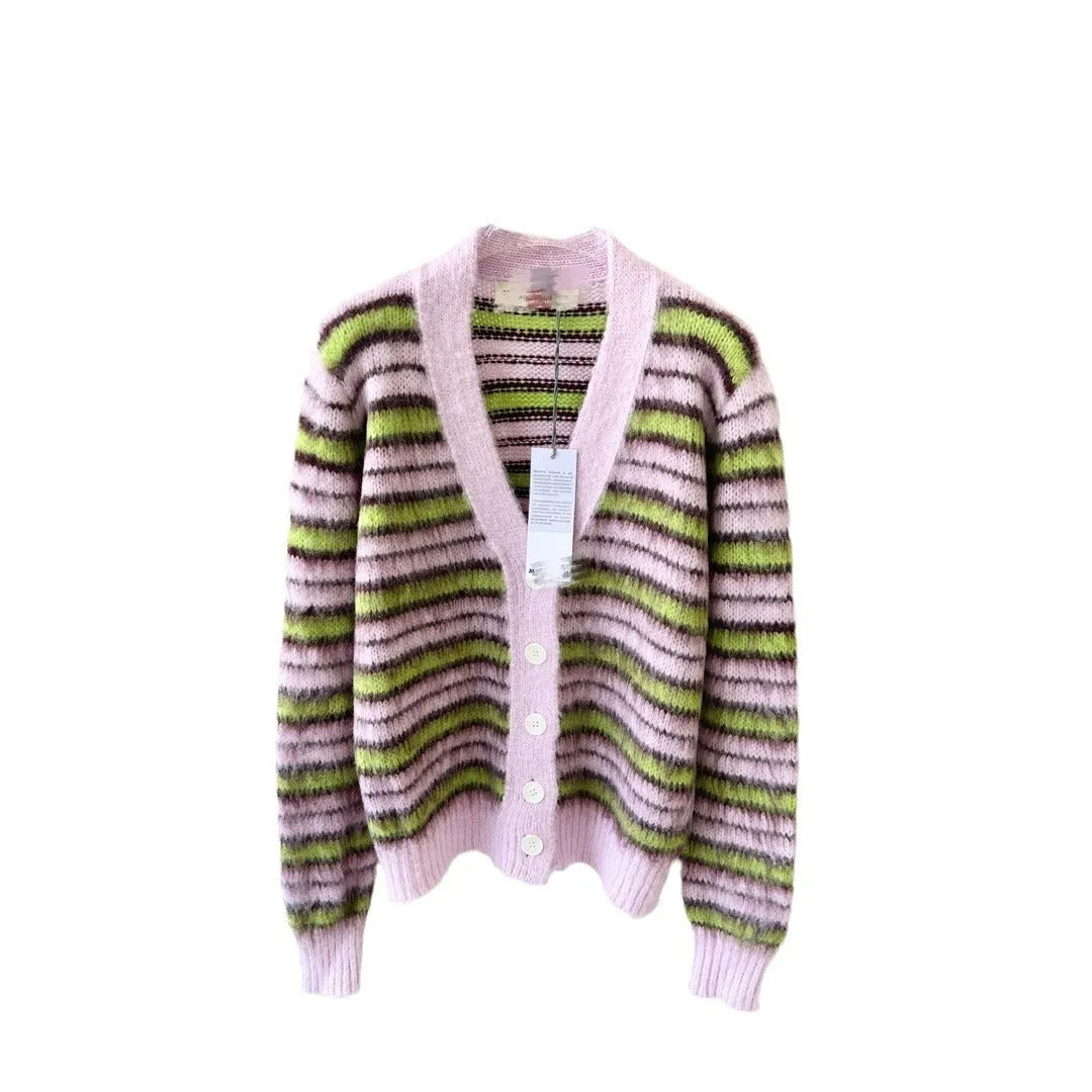 Pink women's wool cardigan sweater with contrast detail, shown in round neck and open cardigan styles
