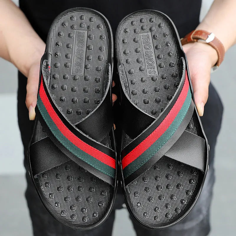 Men's white cowhide leather flip-flop sandals with a textured non-slip PU sole.