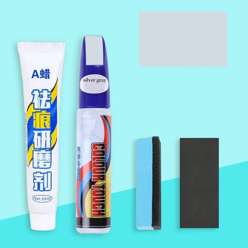 Automotive paint repair pen kit with touch-up paint, rubbing compound, sponge applicator, and sandpaper for car scratch repair