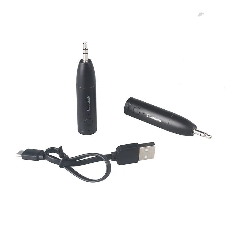 Black Bluetooth audio receiver for car AUX input with USB charging cable