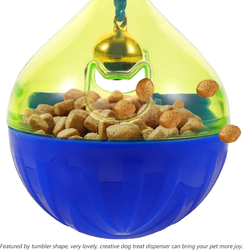 Blue pet treat tumbler dispenser for dogs and cats with interactive ball design