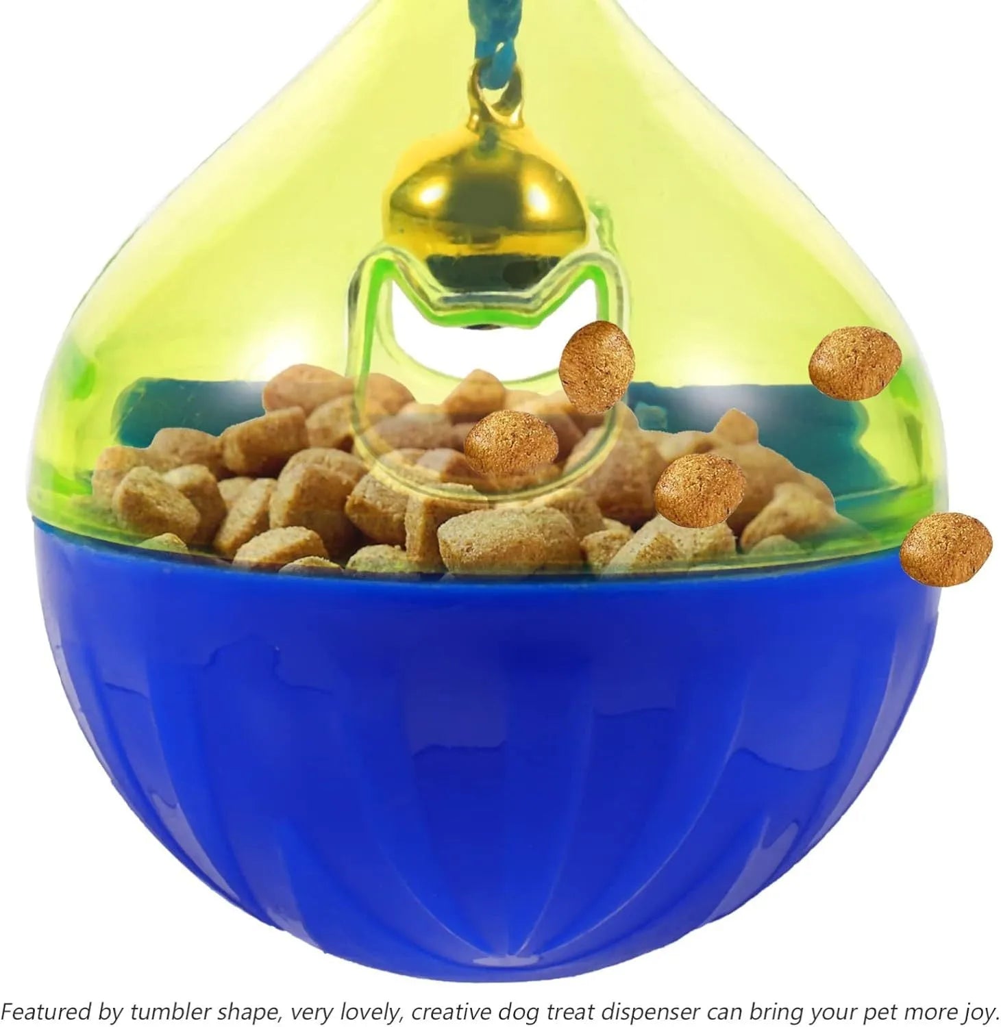 Blue pet treat tumbler dispenser for dogs and cats with interactive ball design