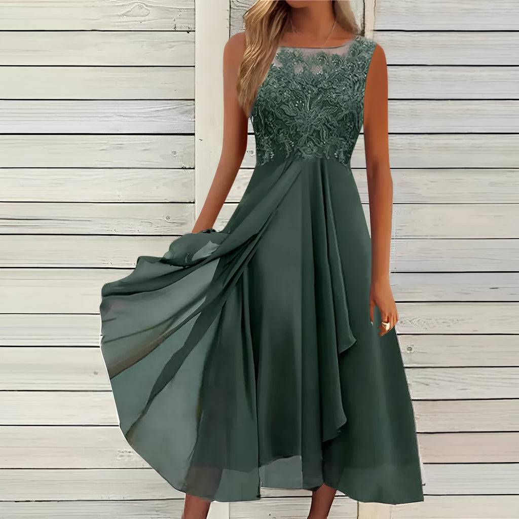 Women's sleeveless chiffon dress with lace hollow-out stitching in fresh sweet princess style