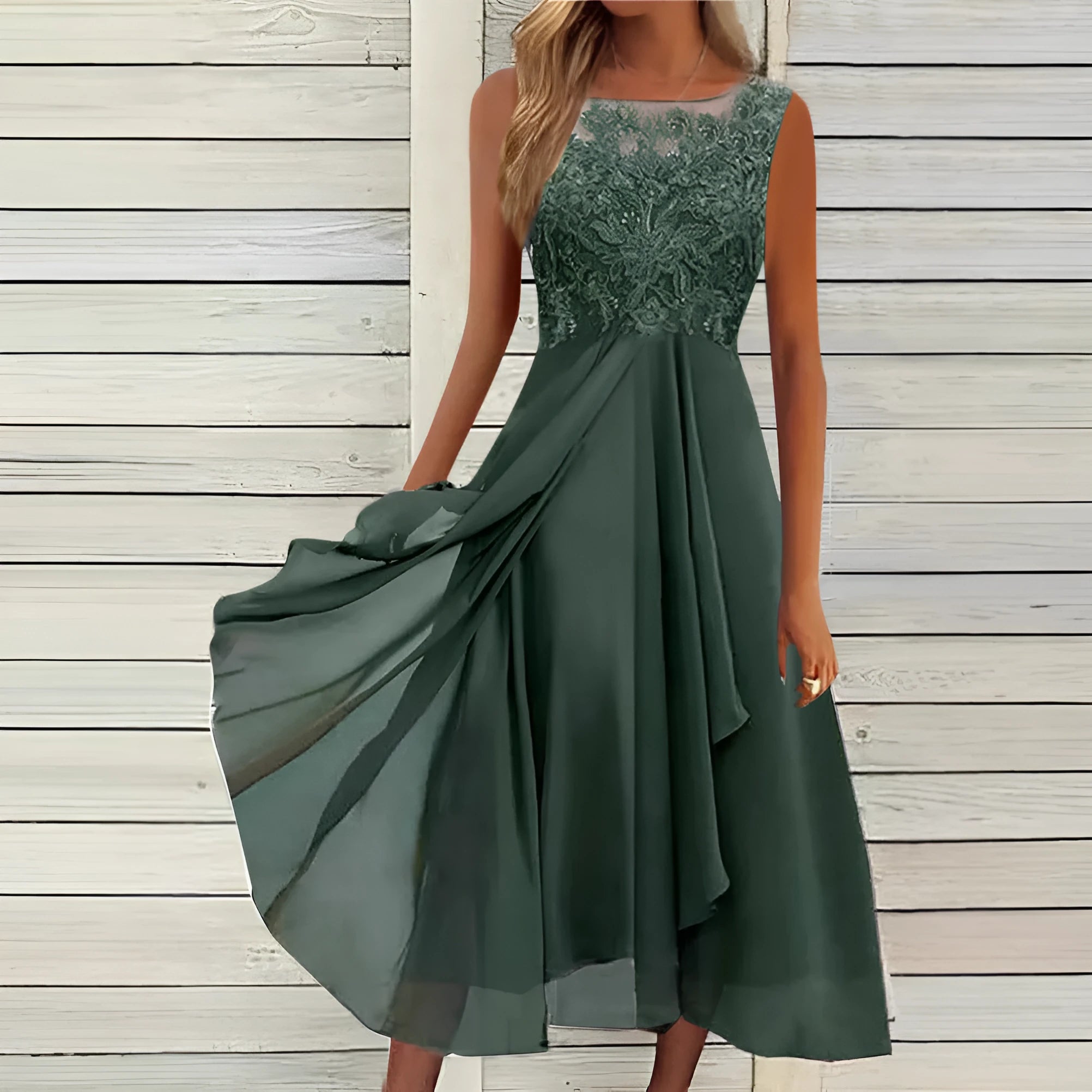 Women's sleeveless chiffon dress with lace hollow-out stitching in fresh sweet princess style