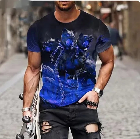 Men's grey t-shirt with a fierce 3D lion head graphic print on the front.