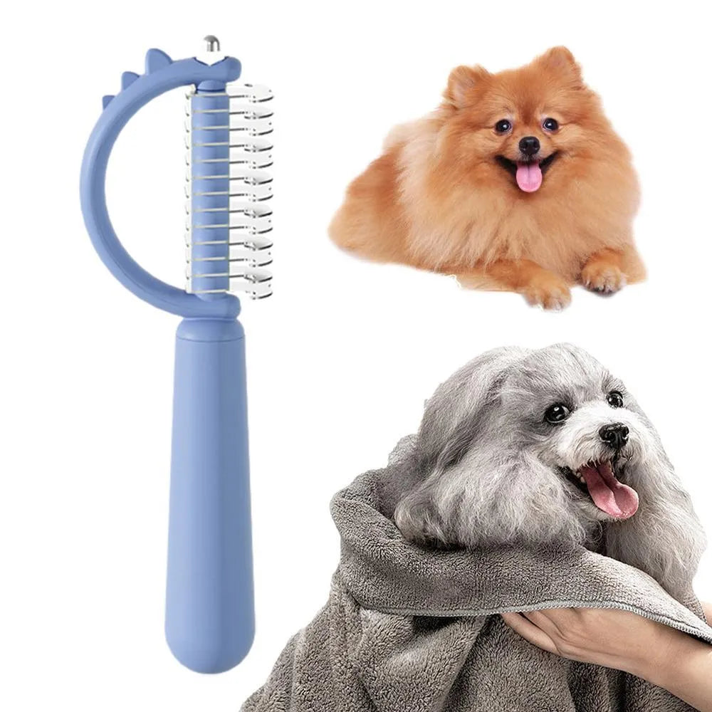 Blue dinosaur-shaped self-cleaning cat brush with stainless steel pins