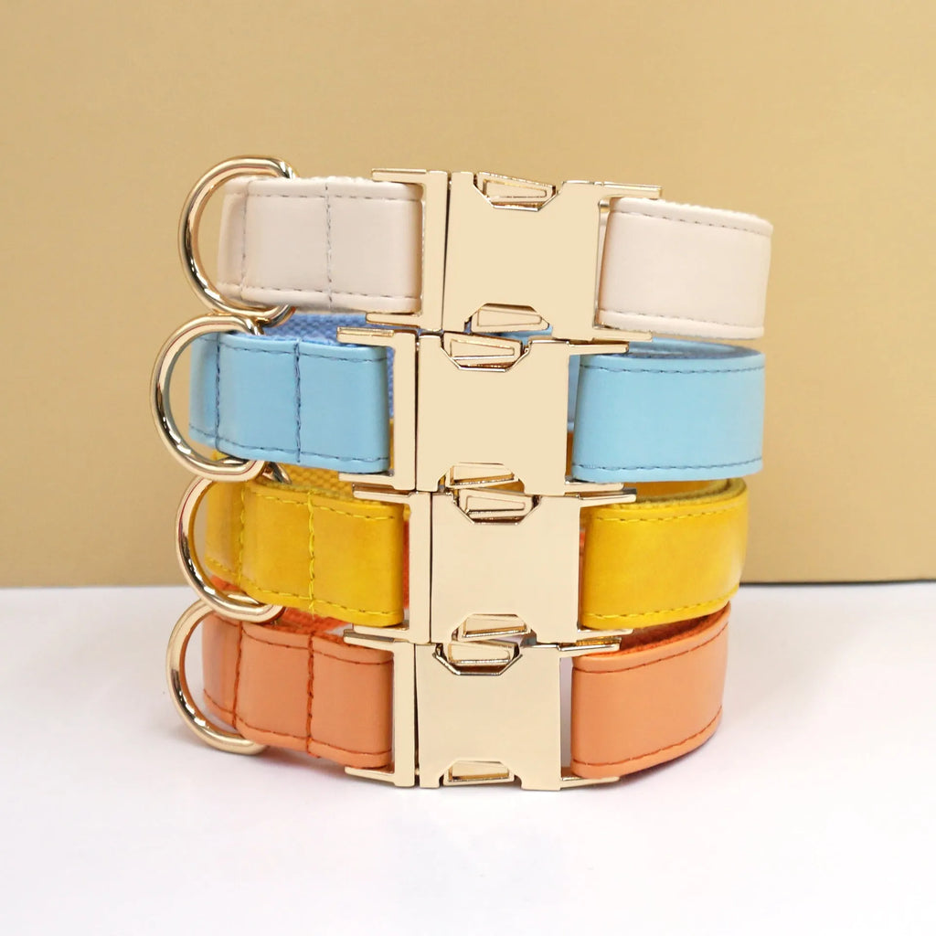 Simple colour blocking leather dog collar shown in a caramel colour, with labelled size options XS, S, M, L, XL.
