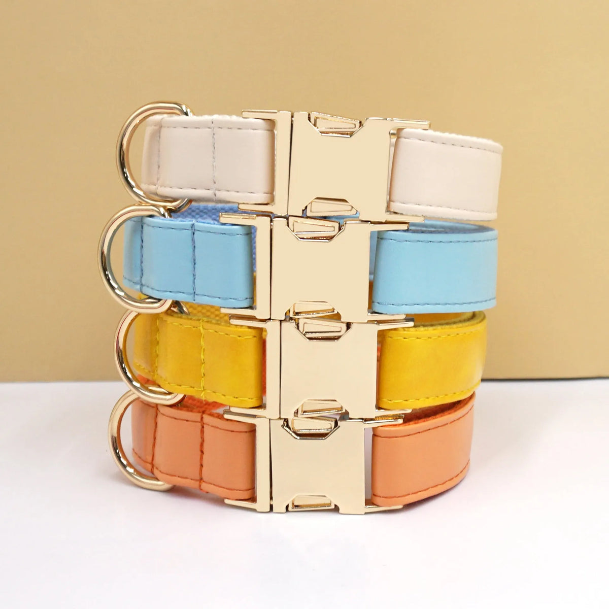 Simple colour blocking leather dog collar shown in a caramel colour, with labelled size options XS, S, M, L, XL.