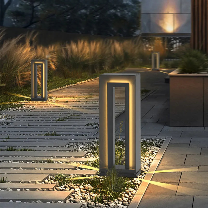 Stainless steel and acrylic solar square courtyard lamp with geometric design for outdoor gardens.