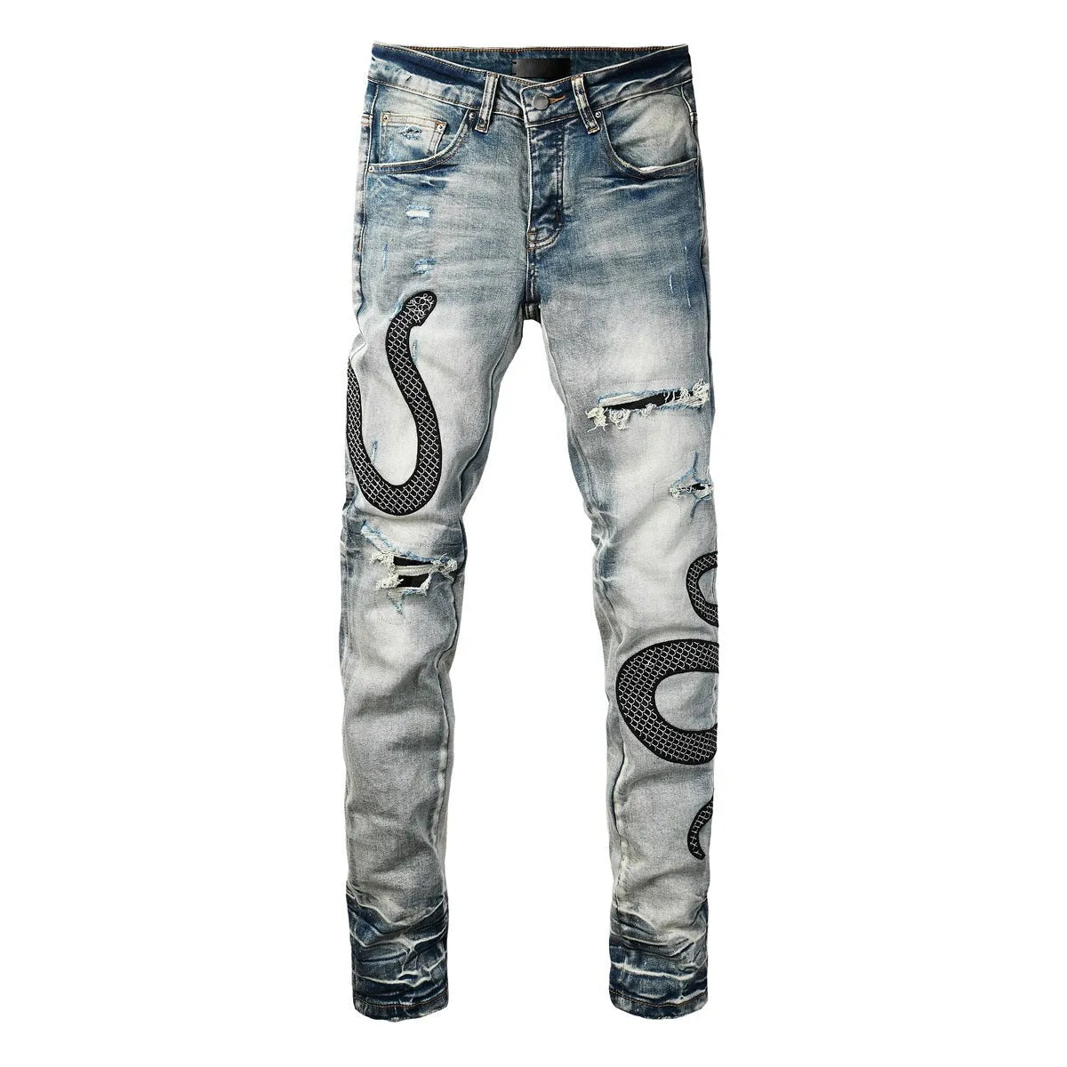 Distressed blue skinny jeans with tapered leg and button fly closure on mid-waist design
